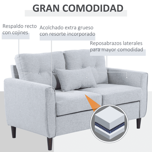 HOMCOM Sofá de 2 lugares Poltrona de dois lugares para sala de estar com almofadas e assento acolchoado fronha lavável 140x78x83 cm cinza claro