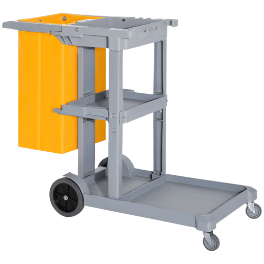 HOMCOM Carro de Limpeza com Bolsa de 100L Carro de Limpeza Profissional e Multifuncional com 3 Prateleiras e Plataforma 121x50,5x96,5 cm Cinza e Amarelo