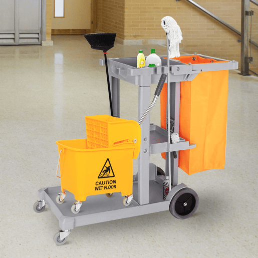 HOMCOM Carro de Limpeza com Bolsa de 100L Carro de Limpeza Profissional e Multifuncional com 3 Prateleiras e Plataforma 121x50,5x96,5 cm Cinza e Amarelo