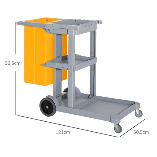 HOMCOM Carro de Limpeza com Bolsa de 100L Carro de Limpeza Profissional e Multifuncional com 3 Prateleiras e Plataforma 121x50,5x96,5 cm Cinza e Amarelo