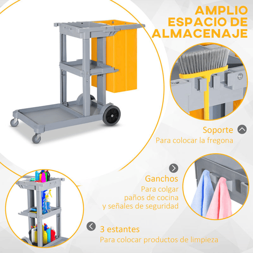 HOMCOM Carro de Limpeza com Bolsa de 100L Carro de Limpeza Profissional e Multifuncional com 3 Prateleiras e Plataforma 121x50,5x96,5 cm Cinza e Amarelo