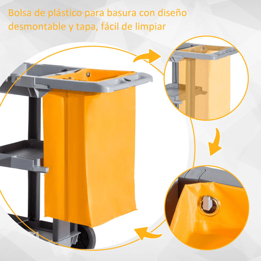 HOMCOM Carro de Limpeza com Bolsa de 100L Carro de Limpeza Profissional e Multifuncional com 3 Prateleiras e Plataforma 121x50,5x96,5 cm Cinza e Amarelo