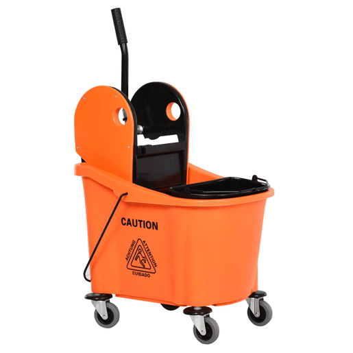 HOMCOM Balde de Esfregona Comercial Balde de Esfregona com Espremedor de Pressão para Baixo Capacidade 36L com 4 Rodas Silenciosas 2 Cubetas Separadas 54x41x91,5 cm Laranja