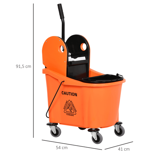 HOMCOM Balde de Esfregona Comercial Balde de Esfregona com Espremedor de Pressão para Baixo Capacidade 36L com 4 Rodas Silenciosas 2 Cubetas Separadas 54x41x91,5 cm Laranja