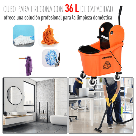 HOMCOM Balde de Esfregona Comercial Balde de Esfregona com Espremedor de Pressão para Baixo Capacidade 36L com 4 Rodas Silenciosas 2 Cubetas Separadas 54x41x91,5 cm Laranja