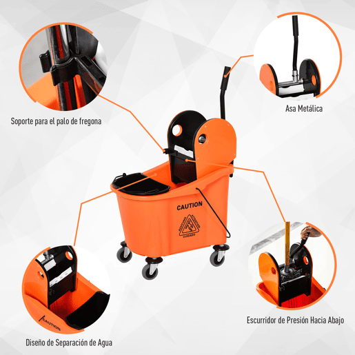 HOMCOM Balde de Esfregona Comercial Balde de Esfregona com Espremedor de Pressão para Baixo Capacidade 36L com 4 Rodas Silenciosas 2 Cubetas Separadas 54x41x91,5 cm Laranja