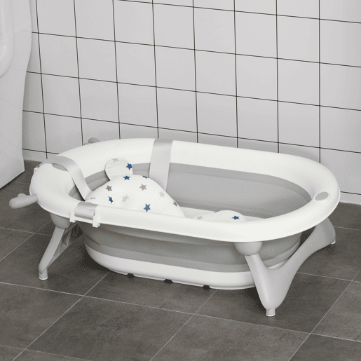 HOMCOM Banheira para Bebé Recém Nascido até 3 Anos Dobrável 30 Litros com Tampa Termossensível e Almofada Confortável Almofadas Antiderrapantes 81,5x50,5x23,5cm Cinza e Branco