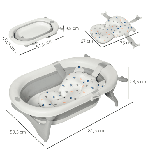 HOMCOM Banheira para Bebé Recém Nascido até 3 Anos Dobrável 30 Litros com Tampa Termossensível e Almofada Confortável Almofadas Antiderrapantes 81,5x50,5x23,5cm Cinza e Branco