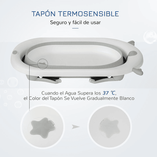 HOMCOM Banheira para Bebé Recém Nascido até 3 Anos Dobrável 30 Litros com Tampa Termossensível e Almofada Confortável Almofadas Antiderrapantes 81,5x50,5x23,5cm Cinza e Branco