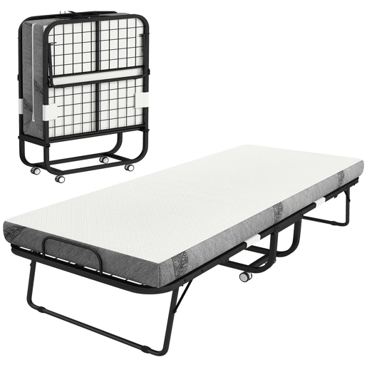 HOMCOM Cama Dobrável 200x90x42,5cm Cama de Campismo Portátil com Colchão Individual Rodas e Freios Carga Máxima 150kg para Dormitórios Branco