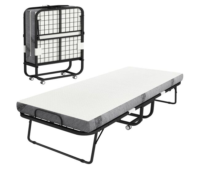 Homcom cama plegable 200x90 cm con 4 ruedas, cama de camping portátil, con colchón individual de 10 cm, marco de acero, carga 150 kg, para dormitorio,