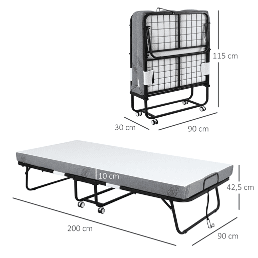HOMCOM Cama Dobrável 200x90x42,5cm Cama de Campismo Portátil com Colchão Individual Rodas e Freios Carga Máxima 150kg para Dormitórios Branco