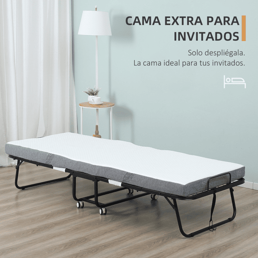 HOMCOM Cama Dobrável 200x90x42,5cm Cama de Campismo Portátil com Colchão Individual Rodas e Freios Carga Máxima 150kg para Dormitórios Branco