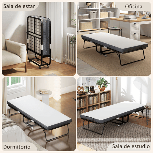 HOMCOM Cama Dobrável 200x90x42,5cm Cama de Campismo Portátil com Colchão Individual Rodas e Freios Carga Máxima 150kg para Dormitórios Branco