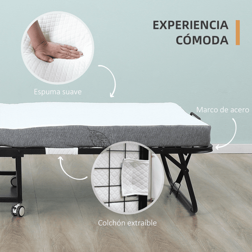 HOMCOM Cama Dobrável 200x90x42,5cm Cama de Campismo Portátil com Colchão Individual Rodas e Freios Carga Máxima 150kg para Dormitórios Branco