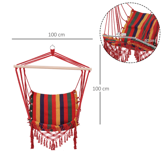 Outsunny Cadeira de rede suspensa de tecido de algodão poliéster Carga de 120 kg Poltrona suspensa para terraço interno ao ar livre 100x60x100 cm Multicolor