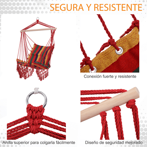Outsunny Cadeira de rede suspensa de tecido de algodão poliéster Carga de 120 kg Poltrona suspensa para terraço interno ao ar livre 100x60x100 cm Multicolor