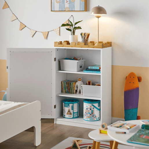 Estante para crianças com quadro de giz com desenho de cadeado KMB43-W SoBuy