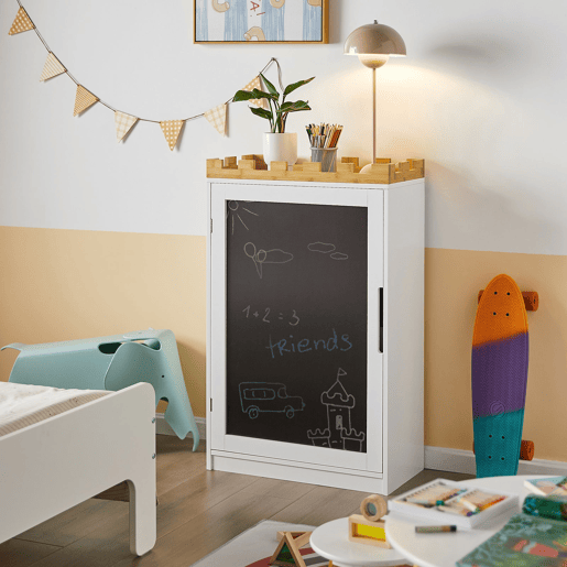 Estante para crianças com quadro de giz com desenho de cadeado KMB43-W SoBuy