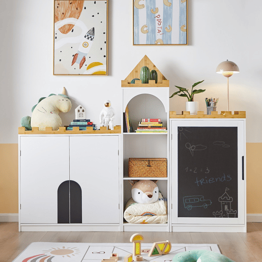 Estante para crianças com quadro de giz com desenho de cadeado KMB43-W SoBuy