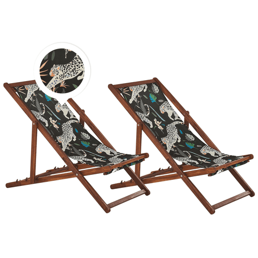 Conjunto de 2 cadeiras de praia dobráveis ANZIO com tecidos de substituição Motivo animal Madeira de acácia Castanho escuro