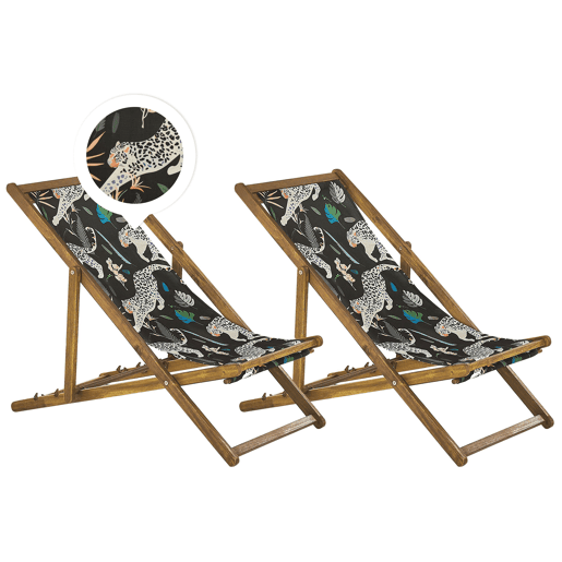 Conjunto de 2 cadeiras de praia dobráveis ANZIO com tecidos de substituição Motivo animal Madeira de acácia Castanho claro