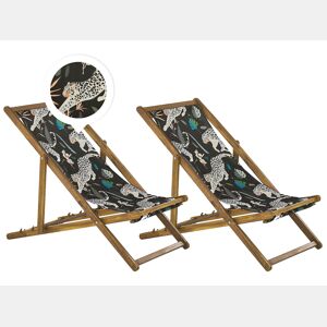 Conjunto de 2 cadeiras de praia dobráveis ANZIO com tecidos de substituição Motivo animal Madeira de acácia Castanho claro