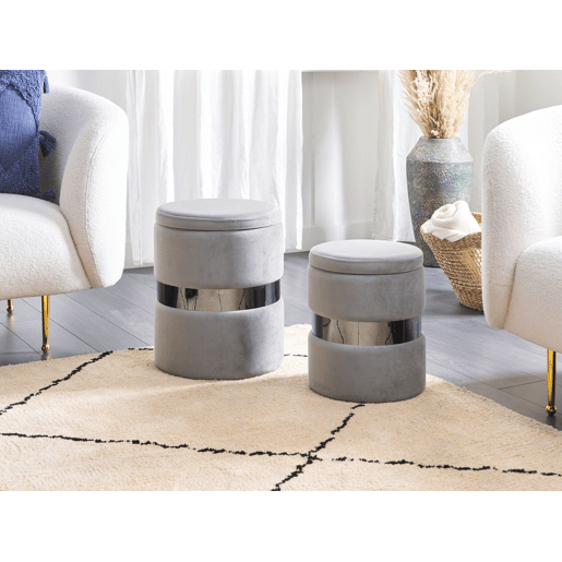 Conjunto de 2 tamboretes com arrumação DORIS Veludo Cinzento claro 3530 cm 3530 cm 4436 cm