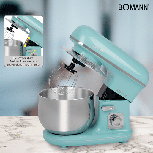 Bomann KM 6030 Batedeira Planetaria Vintage Robô de Cozinha, 5L, Velocidade Variável, Acessórios, 1100, Verde Menta