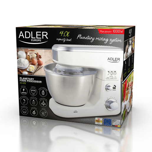 Adler AD4216 Batedeira Planetaria Robô de Cozinha, 4 L, 6 Velocidades, Acessórios, 1000, Branco Adler AD4216 Batedeira Planetaria Robô de Cozinha, 4 L, 6 Velocidades, Acessórios, 1000, Branco