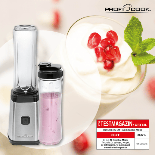 Proficook SM 1078 Liquidificador de vidro Smoothie Good To Go, 2 Garrafas Portátiles, 0,6 l, 250, Prata