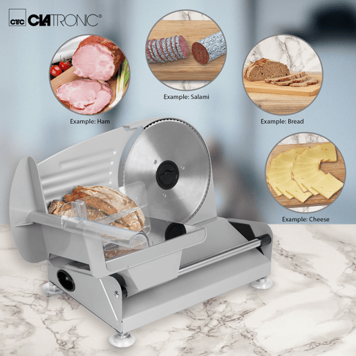 Clatronic MA 3585 Cortador en Fatia de Carnes, Espessura de Corte ajustável,Roda de corte de Aço Inoxidável, 150, Prata
