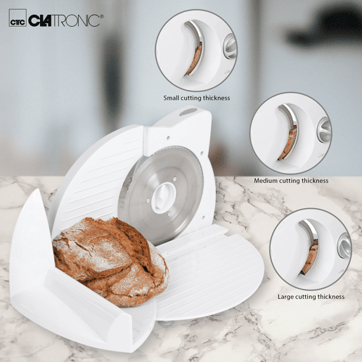Clatronic AS 2958 Fatiador de Carnes, Espessura de Corte ajustável,Roda de corte de Aço Inoxidável, 180, Branco