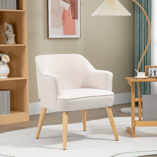 HOMCOM Poltrona Estilo Nórdico Poltrona para Sala de Estar Estofada em Linho com Pés de Madeira para Dormitório Escritório Estúdio Carga 120 kg 64,5x65x79,5 cm Creme