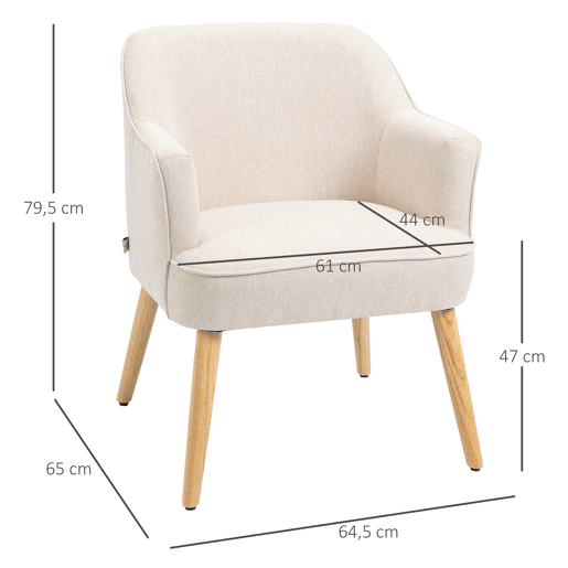 HOMCOM Poltrona Estilo Nórdico Poltrona para Sala de Estar Estofada em Linho com Pés de Madeira para Dormitório Escritório Estúdio Carga 120 kg 64,5x65x79,5 cm Creme