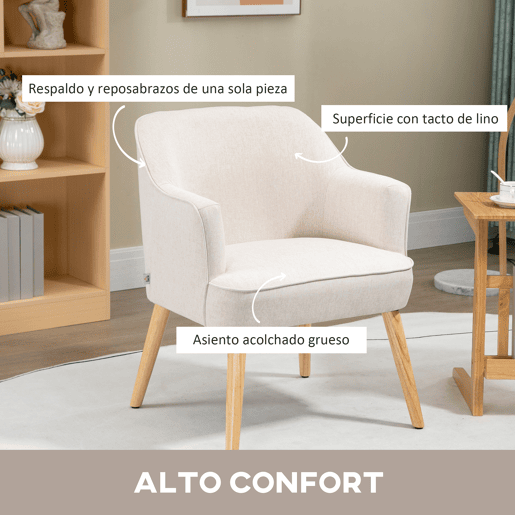 HOMCOM Poltrona Estilo Nórdico Poltrona para Sala de Estar Estofada em Linho com Pés de Madeira para Dormitório Escritório Estúdio Carga 120 kg 64,5x65x79,5 cm Creme