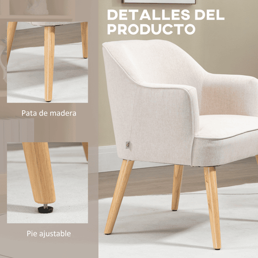 HOMCOM Poltrona Estilo Nórdico Poltrona para Sala de Estar Estofada em Linho com Pés de Madeira para Dormitório Escritório Estúdio Carga 120 kg 64,5x65x79,5 cm Creme