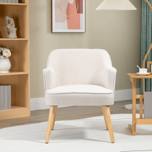 HOMCOM Poltrona Estilo Nórdico Poltrona para Sala de Estar Estofada em Linho com Pés de Madeira para Dormitório Escritório Estúdio Carga 120 kg 64,5x65x79,5 cm Creme