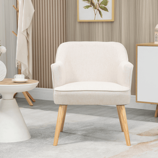 HOMCOM Poltrona Estilo Nórdico Poltrona para Sala de Estar Estofada em Linho com Pés de Madeira para Dormitório Escritório Estúdio Carga 120 kg 64,5x65x79,5 cm Creme
