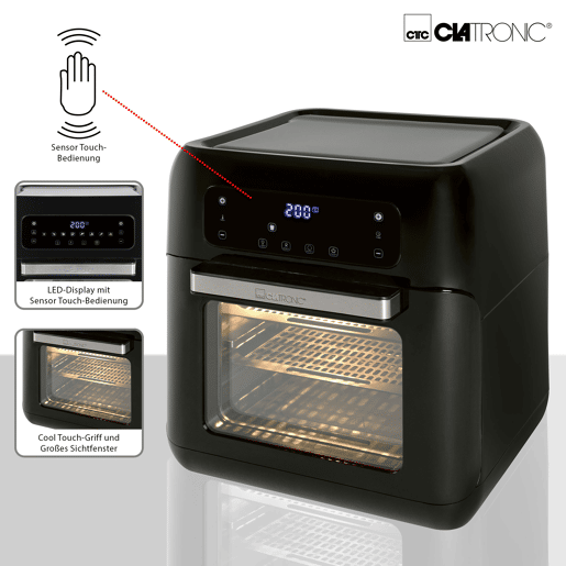 Clatronic FR 3747 Fritadeira de ar quente sem óleo, Capacidade 11 litros, Programas Digital 9, Forno de ar quente, Cuspo de frango, Batatas fritas, 1500W, 1500, Preto