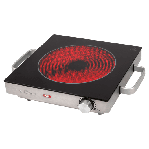 Proficook EKP 1210 Placa Eléctrica Infravermelho, Superfície Cerâmica, Portátil, Apropriado para Todos os Tipos Tachos e Panelas, Caixa de Aço Inoxidável, 2000, Prata negra