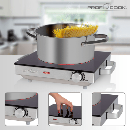 Proficook EKP 1210 Placa Eléctrica Infravermelho, Superfície Cerâmica, Portátil, Apropriado para Todos os Tipos Tachos e Panelas, Caixa de Aço Inoxidável, 2000, Prata negra