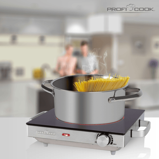 Proficook EKP 1210 Placa Eléctrica Infravermelho, Superfície Cerâmica, Portátil, Apropriado para Todos os Tipos Tachos e Panelas, Caixa de Aço Inoxidável, 2000, Prata negra