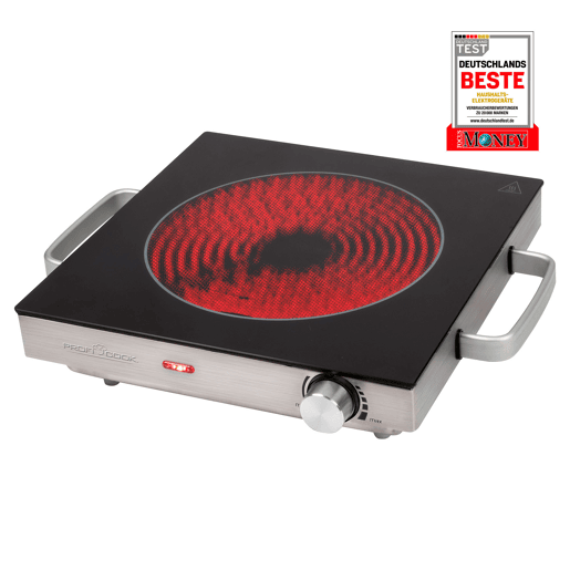Proficook EKP 1210 Placa Eléctrica Infravermelho, Superfície Cerâmica, Portátil, Apropriado para Todos os Tipos Tachos e Panelas, Caixa de Aço Inoxidável, 2000, Prata negra