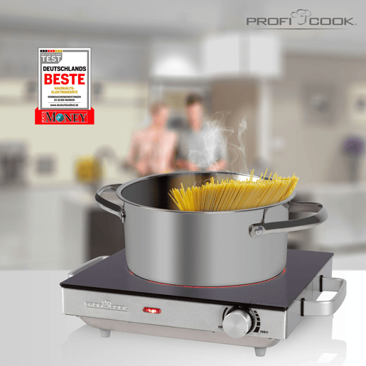Proficook EKP 1210 Placa Eléctrica Infravermelho, Superfície Cerâmica, Portátil, Apropriado para Todos os Tipos Tachos e Panelas, Caixa de Aço Inoxidável, 2000, Prata negra