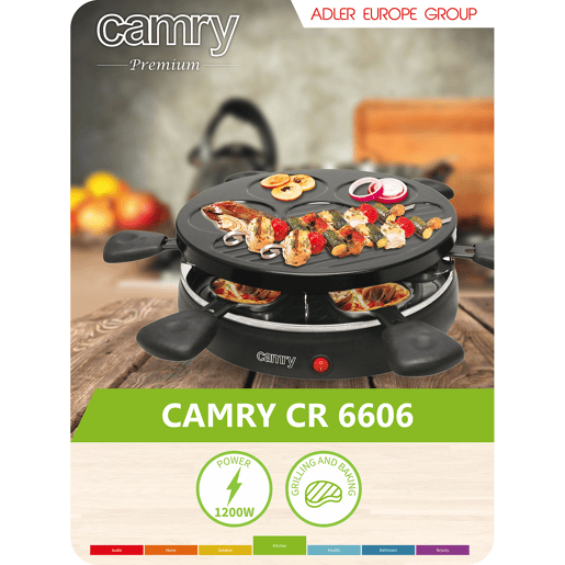Camry CR6606 Raclette Grill, Grelhador com 6 Frigideiras, Antiaderente, Termóstato Automático, 1200, Preto