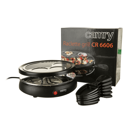 Camry CR6606 Raclette Grill, Grelhador com 6 Frigideiras, Antiaderente, Termóstato Automático, 1200, Preto