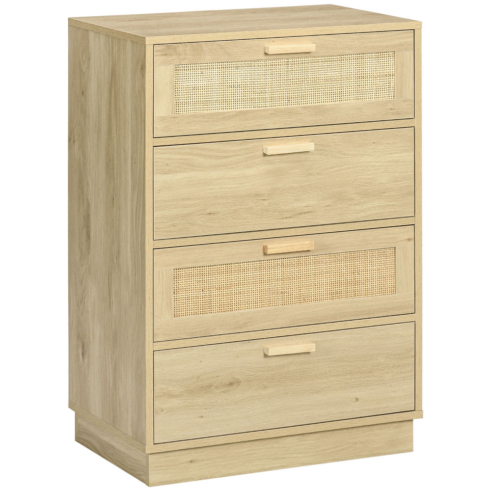 Homcom cómoda de noche con cajones de rejilla de ratán cómoda de dormitorio estilo bohemio antivuelco para sala 60x38x88,5 cm natural