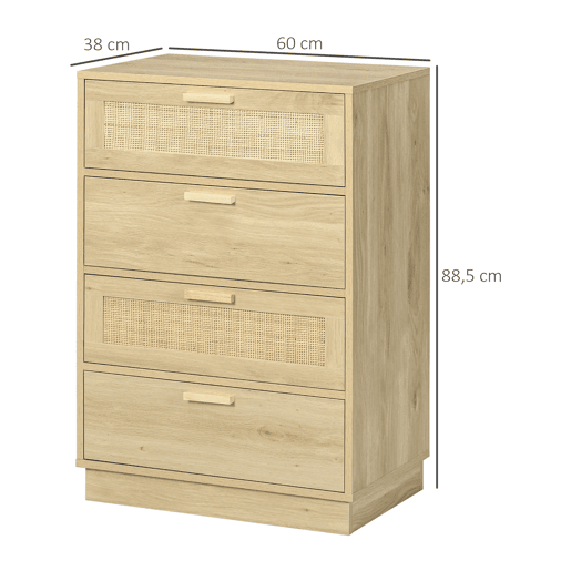 HOMCOM Cómoda com 4 Gavetas de Vime Cómoda de Madeira para Dormitório Sala de Estar Estilo Boêmio 60x38x88,5 cm Madeira