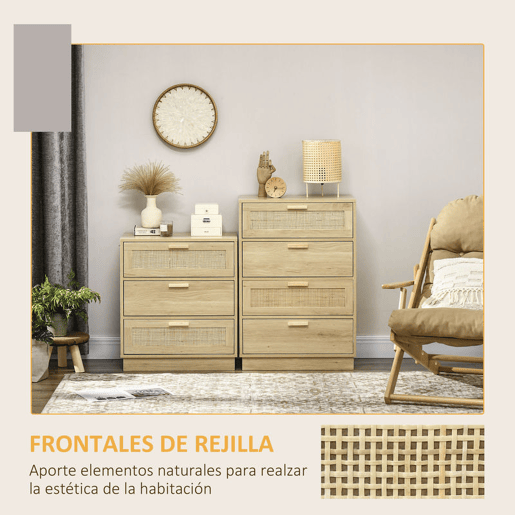 HOMCOM Cómoda com 4 Gavetas de Vime Cómoda de Madeira para Dormitório Sala de Estar Estilo Boêmio 60x38x88,5 cm Madeira